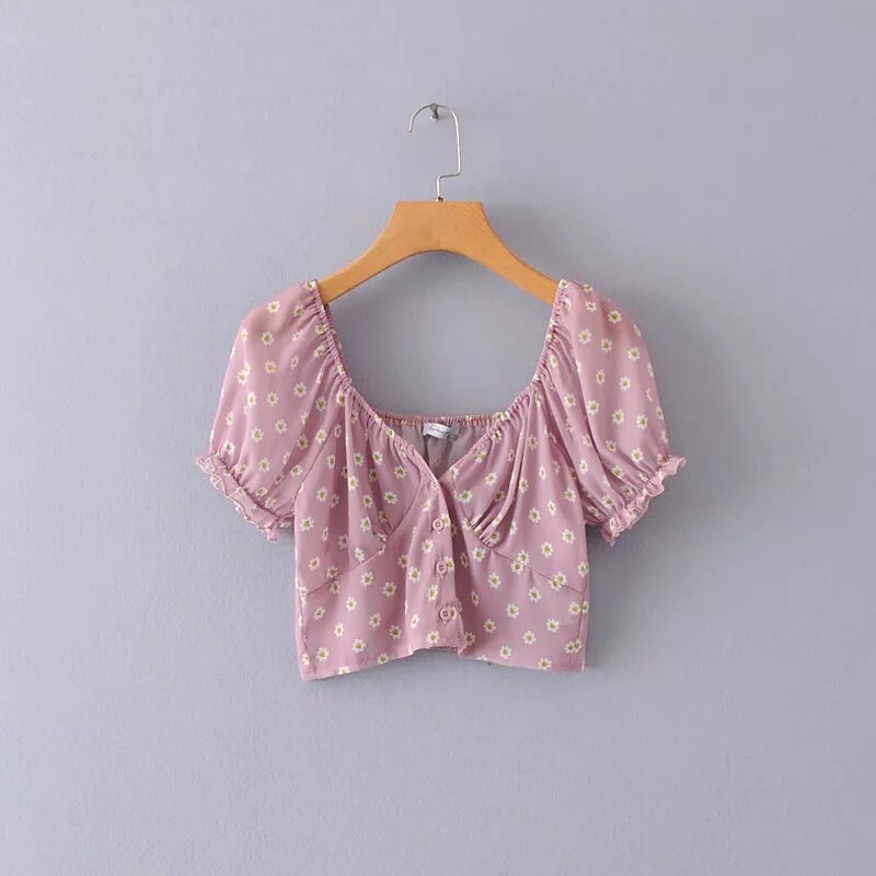 Women Sweetheart Neckline Button Up Crop Top with Puff sleeves Little Daisy Crop Blouse
