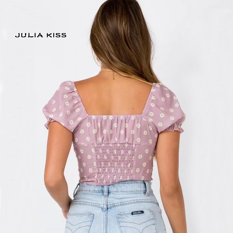 Women Sweetheart Neckline Button Up Crop Top with Puff sleeves Little Daisy Crop Blouse