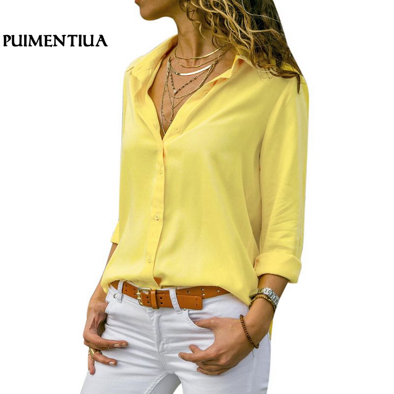 Women's Blouse 2019 Autumn Elegant Long Sleeve Solid V Neck Chiffon Blouse Female Work Wear Shirts Plus Size