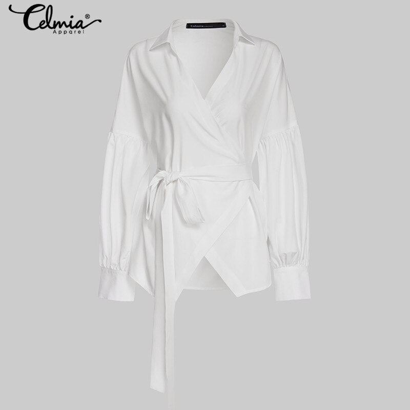 Celmia Lantern Sleeve Tunic Blouse Shirts Casual Loose V-Neck Ladies Blusas femininas Belted Plus Size