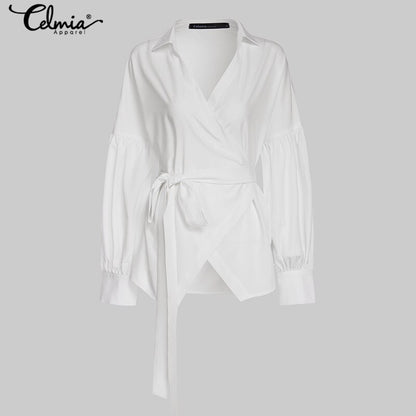 Celmia Lantern Sleeve Tunic Blouse Shirts Casual Loose V-Neck Ladies Blusas femininas Belted Plus Size