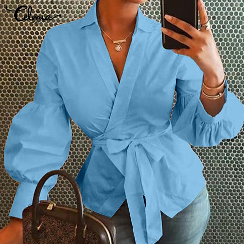 Celmia Lantern Sleeve Tunic Blouse Shirts Casual Loose V-Neck Ladies Blusas femininas Belted Plus Size