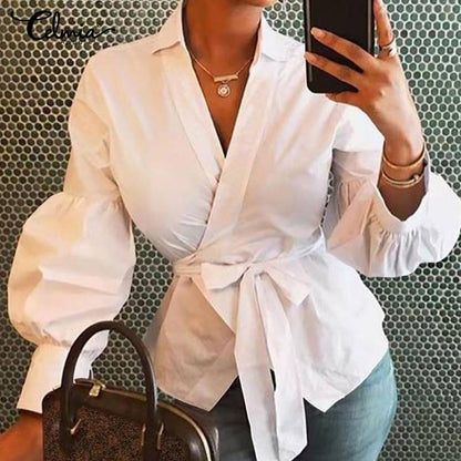 Celmia Lantern Sleeve Tunic Blouse Shirts Casual Loose V-Neck Ladies Blusas femininas Belted Plus Size