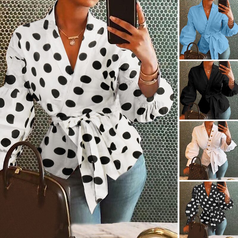 Celmia Lantern Sleeve Tunic Blouse Shirts Casual Loose V-Neck Ladies Blusas femininas Belted Plus Size