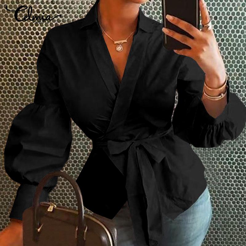 Celmia Lantern Sleeve Tunic Blouse Shirts Casual Loose V-Neck Ladies Blusas femininas Belted Plus Size