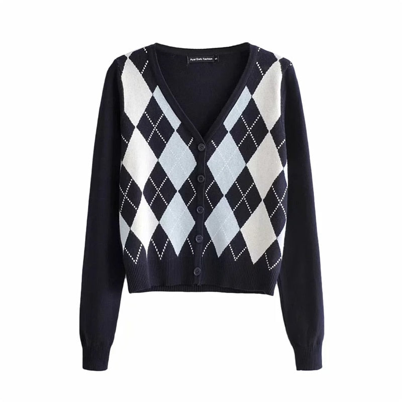 Women V Neck Knit Cardigan In Navy Blue With Light Blue And White Argyle Print On The Front