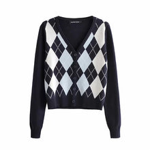 將圖片載入圖庫檢視器 Women V Neck Knit Cardigan In Navy Blue With Light Blue And White Argyle Print On The Front
