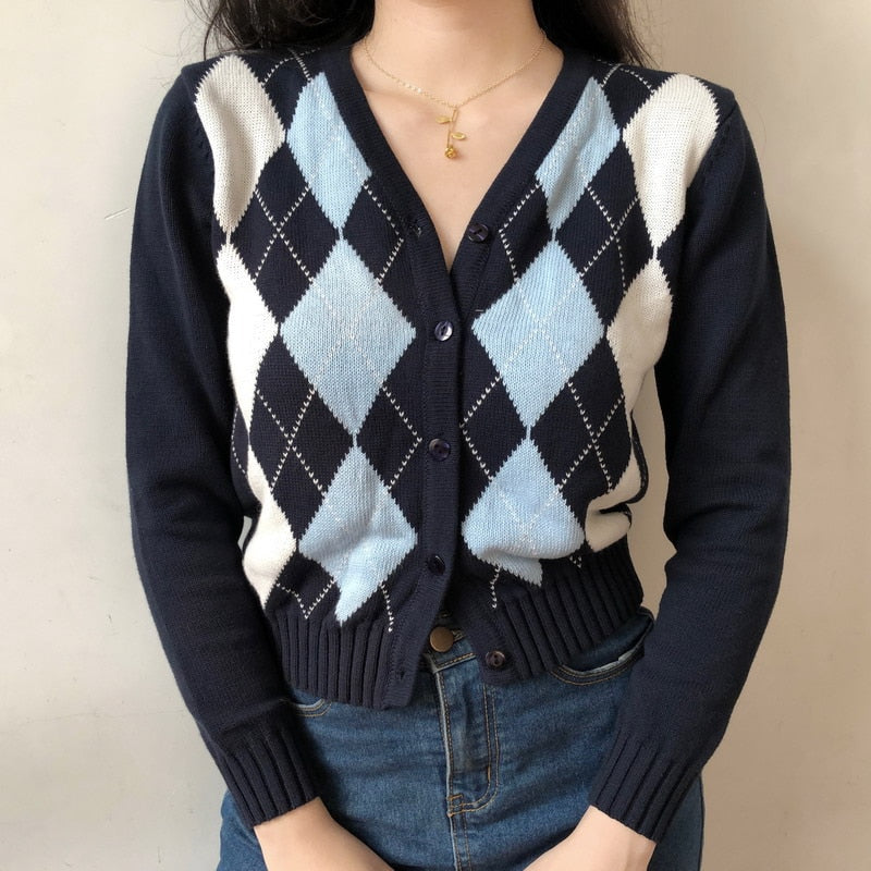 Women V Neck Knit Cardigan In Navy Blue With Light Blue And White Argyle Print On The Front