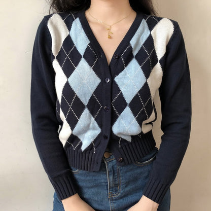 Women V Neck Knit Cardigan In Navy Blue With Light Blue And White Argyle Print On The Front