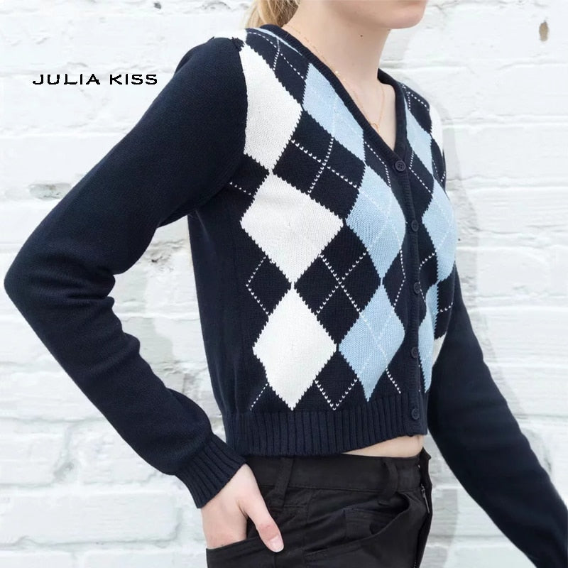 Women V Neck Knit Cardigan In Navy Blue With Light Blue And White Argyle Print On The Front