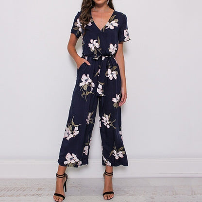 Women V Neck Loose Playsuit Ladies Party Romper Plus Size Short Sleeve Floral Print Long Jumpsuit