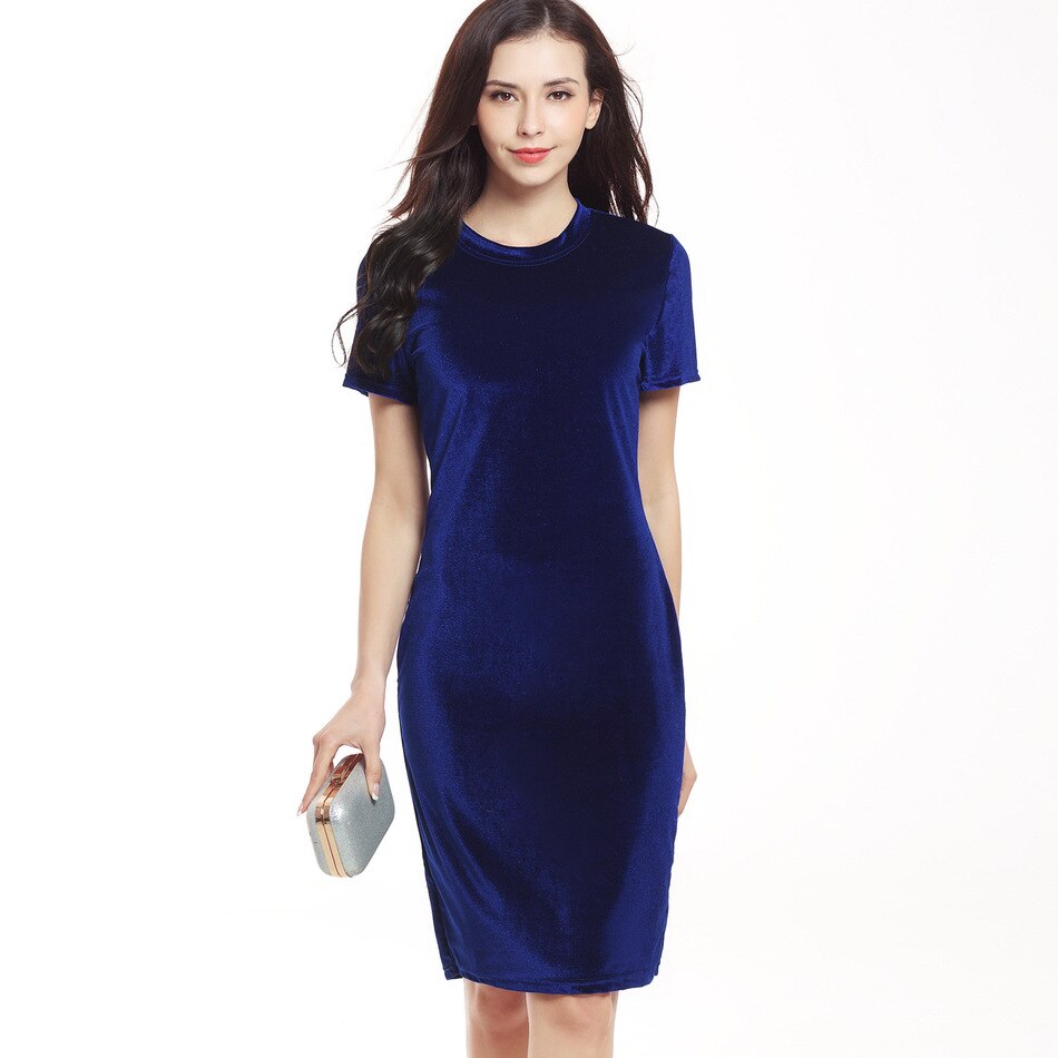 Women's Velvet Sheath Dress Green Black O-Neck Short Sleeve Slim Pencil Office Work Wear Knee Length Dresses