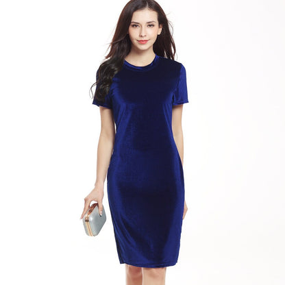 Women's Velvet Sheath Dress Green Black O-Neck Short Sleeve Slim Pencil Office Work Wear Knee Length Dresses