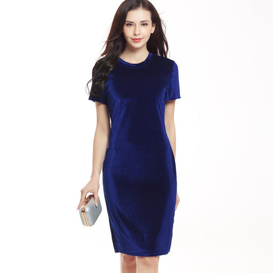 Women's Velvet Sheath Dress Green Black O-Neck Short Sleeve Slim Pencil Office Work Wear Knee Length Dresses