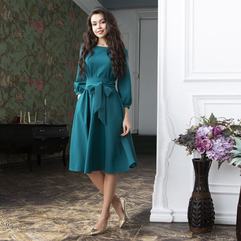 Women Vintage Lantern Sleeve Sashes A-line Dress Three Quarter Sleeve O neck Soild Elegant Dress 2019 Autumn New Fashion Dress