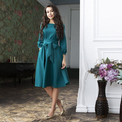 Women Vintage Lantern Sleeve Sashes A-line Dress Three Quarter Sleeve O neck Soild Elegant Dress 2019 Autumn New Fashion Dress