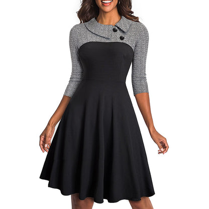Women Vintage Patchwork Autumn Casual Business Skater Dress Buttons Turn Down Collar A Line Party Office Dress EA136