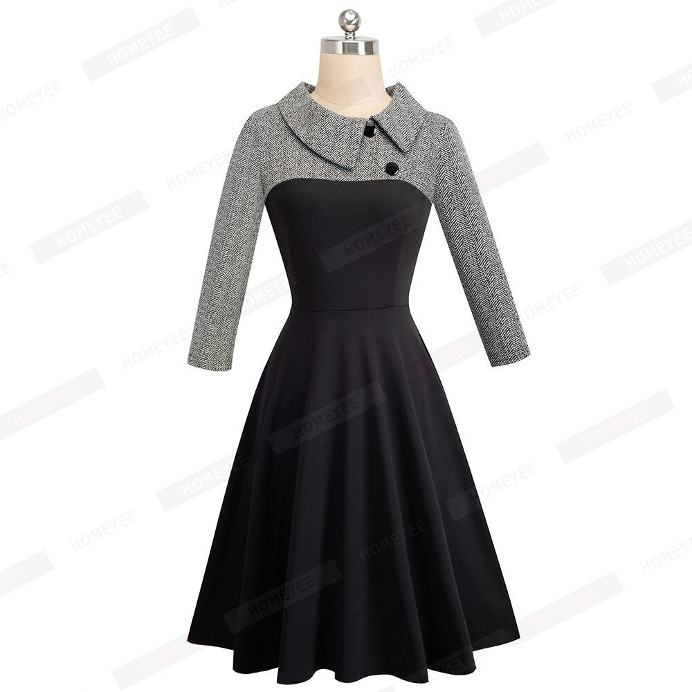 Women Vintage Patchwork Autumn Casual Business Skater Dress Buttons Turn Down Collar A Line Party Office Dress EA136