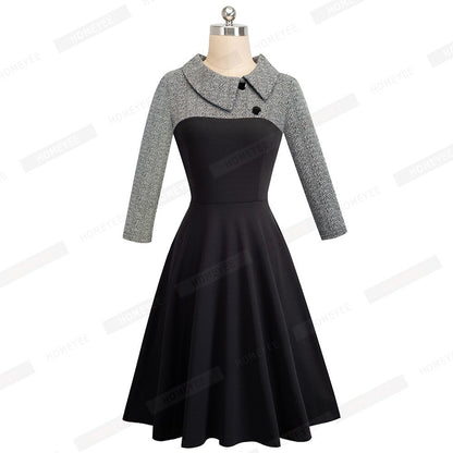 Women Vintage Patchwork Autumn Casual Business Skater Dress Buttons Turn Down Collar A Line Party Office Dress EA136
