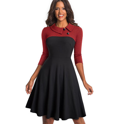 Women Vintage Patchwork Autumn Casual Business Skater Dress Buttons Turn Down Collar A Line Party Office Dress EA136