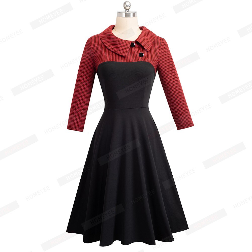 Women Vintage Patchwork Autumn Casual Business Skater Dress Buttons Turn Down Collar A Line Party Office Dress EA136