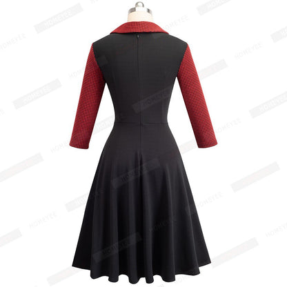 Women Vintage Patchwork Autumn Casual Business Skater Dress Buttons Turn Down Collar A Line Party Office Dress EA136