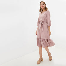 Load image into Gallery viewer, Women&#39;s Vintage Ruffled Sashes A Line Party Dress Three Quarter Sleeve O neck Solid Elegant Dress 2019 Autumn New Fashion Dress
