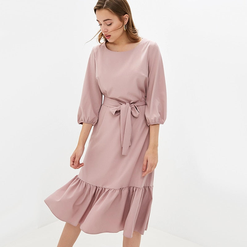 Women's Vintage Ruffled Sashes A Line Party Dress Three Quarter Sleeve O neck Solid Elegant Dress 2019 Autumn New Fashion Dress