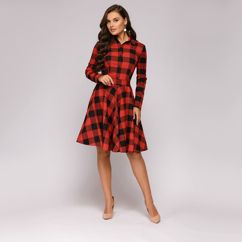Women Vintage Sashes Plaid a Line Party Dress Ladies Long Sleeve Turn Down Collar Elegant Dress 2019 Winter Fashion Office Work