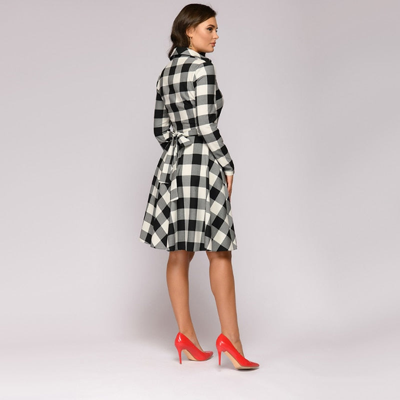 Women Vintage Sashes Plaid a Line Party Dress Ladies Long Sleeve Turn Down Collar Elegant Dress 2019 Winter Fashion Office Work