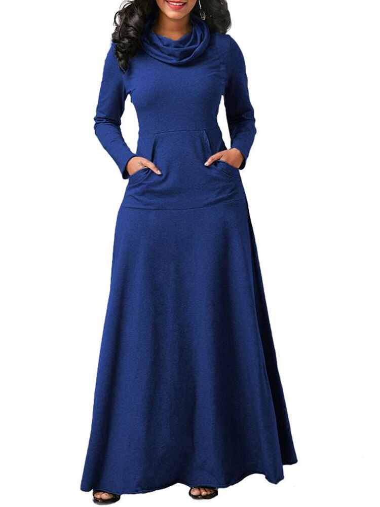 Women's Sweater Dress With Pocket Casual Solid Vintage Autumn Winter Long Sleeve Maxi Dress Robe Bow Neck Long Elegant Dress Vestidos Female Body