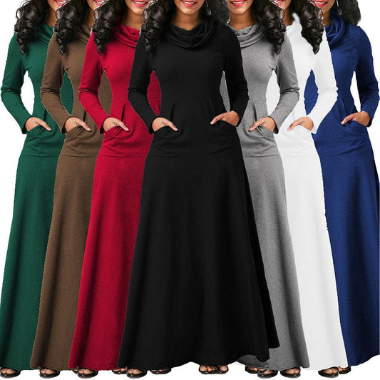 Women's Sweater Dress With Pocket Casual Solid Vintage Autumn Winter Long Sleeve Maxi Dress Robe Bow Neck Long Elegant Dress Vestidos Female Body