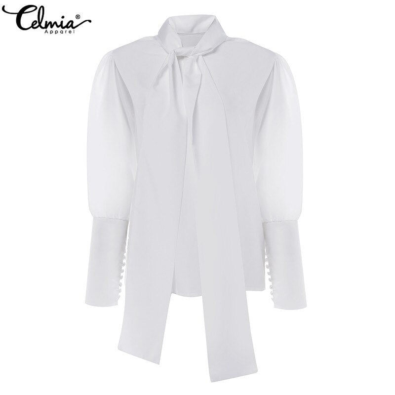 Women's Celmia Turtleneck Long Sleeve Work Shirts Casual Long Tie Solid Colour White or Black Blouses Plus Size Top