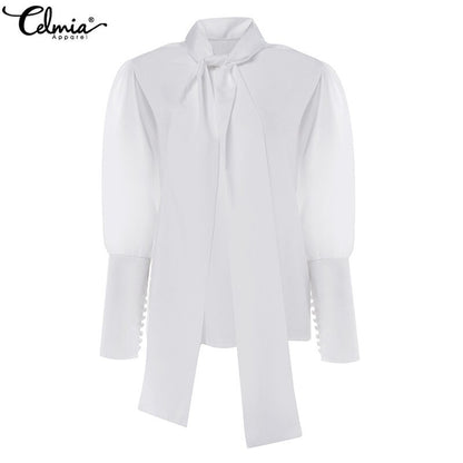 Women's Celmia Turtleneck Long Sleeve Work Shirts Casual Long Tie Solid Colour White or Black Blouses Plus Size Top