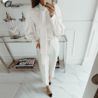 Women's Celmia Turtleneck Long Sleeve Work Shirts Casual Long Tie Solid Colour White or Black Blouses Plus Size Top