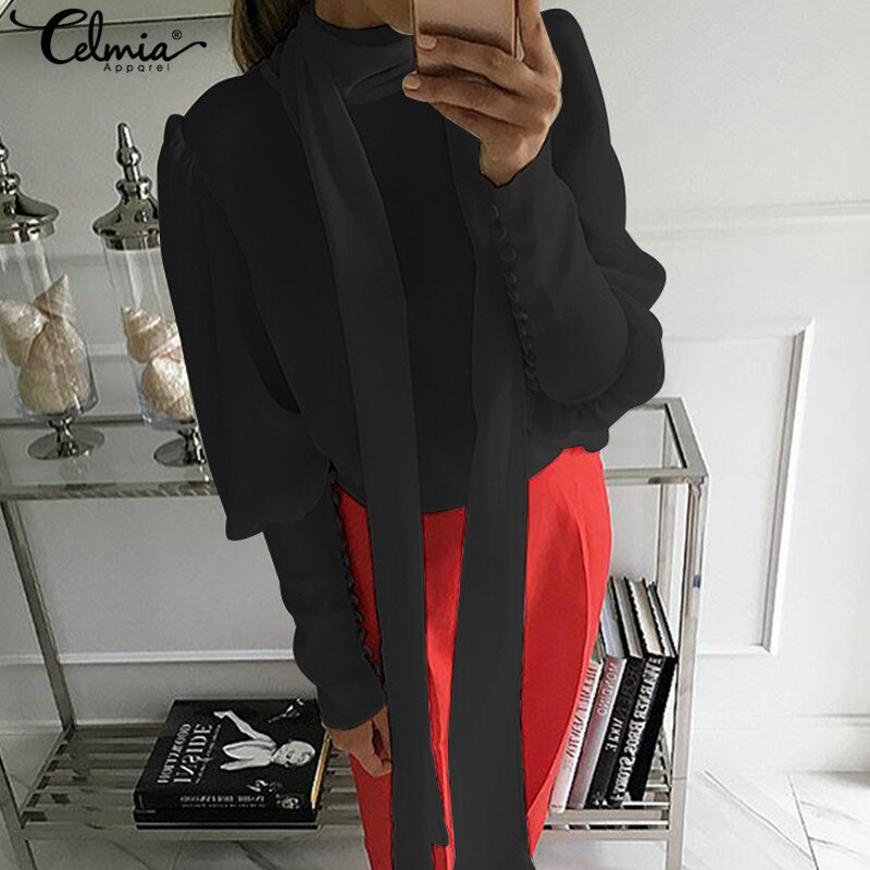 Women's Celmia Turtleneck Long Sleeve Work Shirts Casual Long Tie Solid Colour White or Black Blouses Plus Size Top