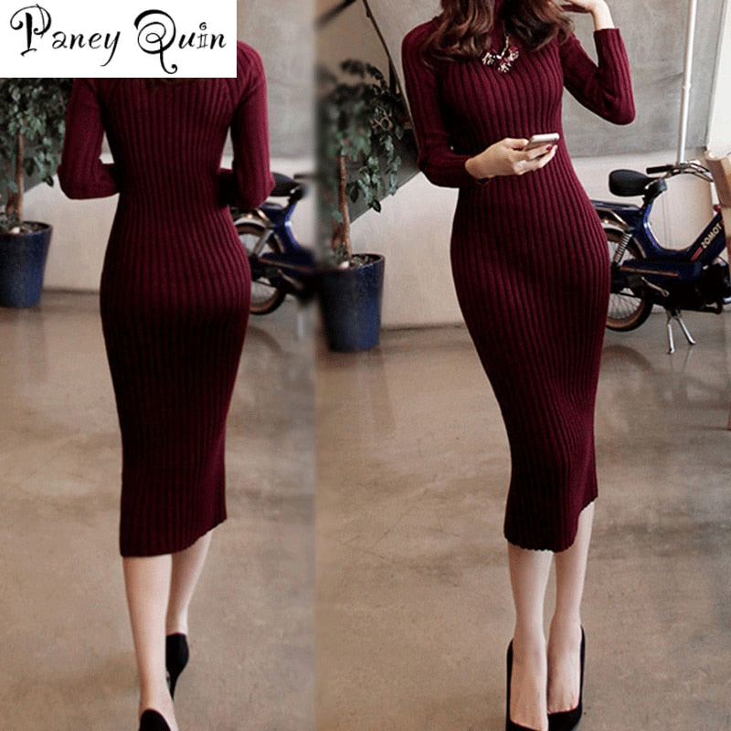 Women's Winter Sweater Knitted Long Red Dress Slim Elastic Turtleneck Long Sleeve Sexy Lady Bodycon Robe Dresses wholesale
