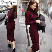 Load image into Gallery viewer, Women&#39;s Winter Sweater Knitted Long Red Dress Slim Elastic Turtleneck Long Sleeve Sexy Lady Bodycon Robe Dresses wholesale
