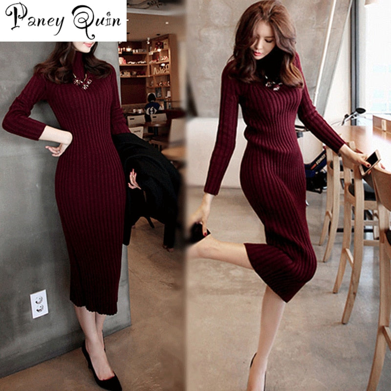 Women's Winter Sweater Knitted Long Red Dress Slim Elastic Turtleneck Long Sleeve Sexy Lady Bodycon Robe Dresses wholesale