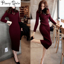 Load image into Gallery viewer, Women&#39;s Winter Sweater Knitted Long Red Dress Slim Elastic Turtleneck Long Sleeve Sexy Lady Bodycon Robe Dresses wholesale
