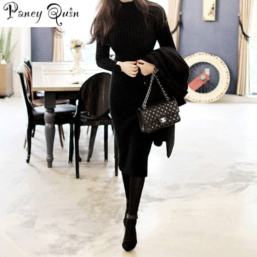 Women's Winter Sweater Knitted Long Red Dress Slim Elastic Turtleneck Long Sleeve Sexy Lady Bodycon Robe Dresses wholesale