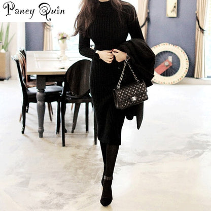 Women's Winter Sweater Knitted Long Red Dress Slim Elastic Turtleneck Long Sleeve Sexy Lady Bodycon Robe Dresses wholesale