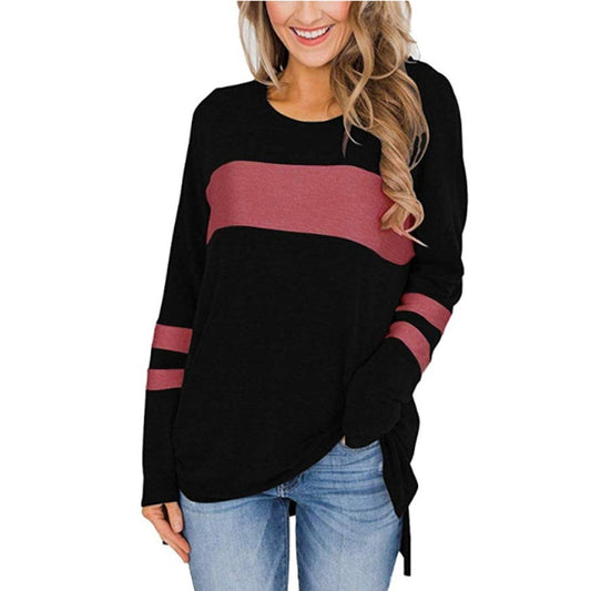Women's Blouse Color Block Long Sleeve Pullover Round Blouses Neck Side Split High Low Tunic Top Elegant Ladies Girls 801