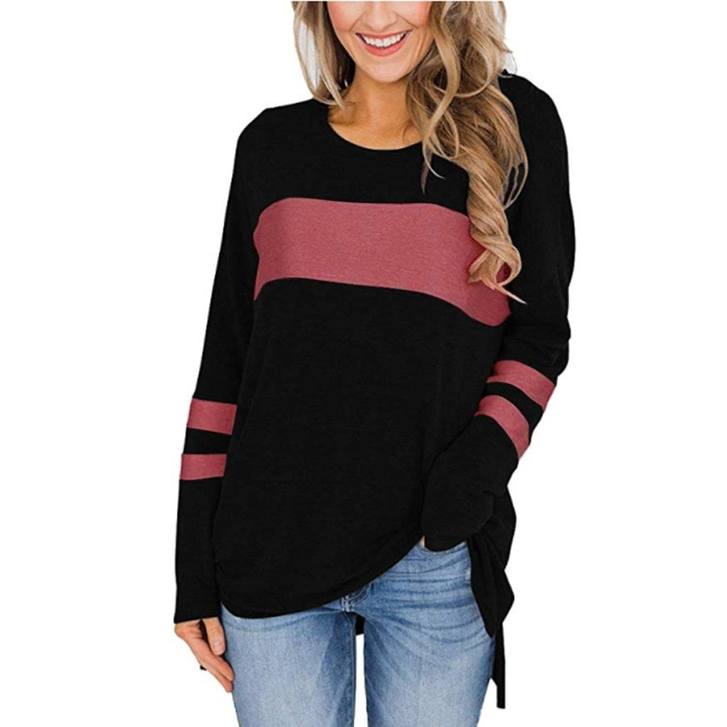 Women's Blouse Color Block Long Sleeve Pullover Round Blouses Neck Side Split High Low Tunic Top Elegant Ladies Girls 801
