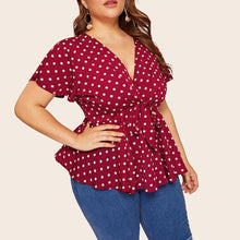 Cargar imagen en el visor de la galería, Women&#39;s Blouse Plus Size V Neck Short Sleeve Shirt For Female Polka Dot Knot waist Ladies Shirt Bandage blusas de mujer verano
