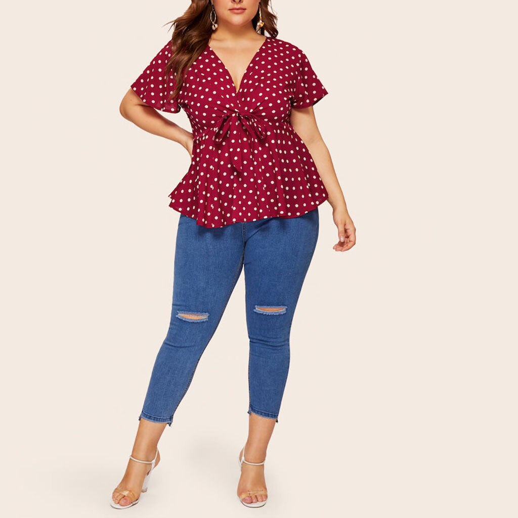 Women's Blouse Plus Size V Neck Short Sleeve Shirt For Female Polka Dot Knot waist Ladies Shirt Bandage blusas de mujer verano