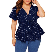 Cargar imagen en el visor de la galería, Women&#39;s Blouse Plus Size V Neck Short Sleeve Shirt For Female Polka Dot Knot waist Ladies Shirt Bandage blusas de mujer verano
