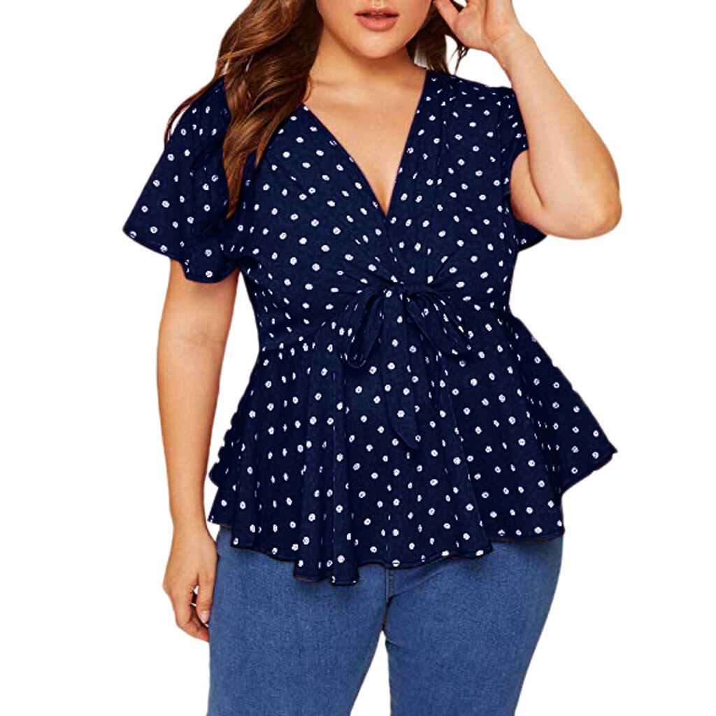 Women's Blouse Plus Size V Neck Short Sleeve Shirt For Female Polka Dot Knot waist Ladies Shirt Bandage blusas de mujer verano