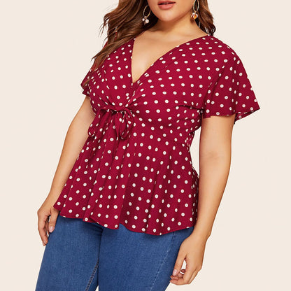 Women's Blouse Plus Size V Neck Short Sleeve Shirt For Female Polka Dot Knot waist Ladies Shirt Bandage blusas de mujer verano