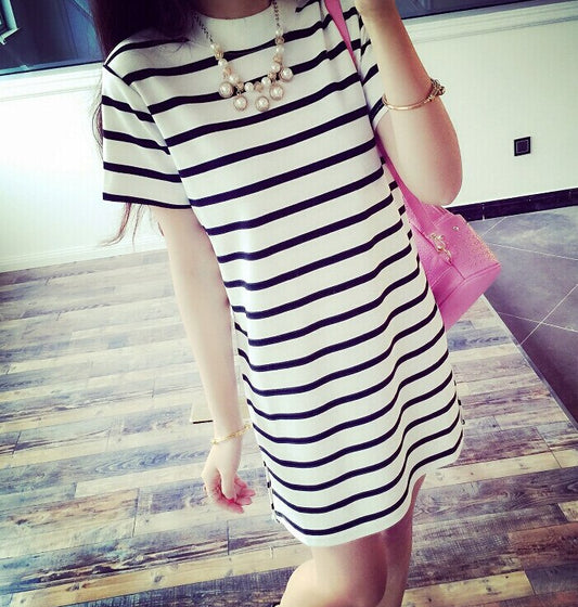 Women's Casual Crew Neck Short Sleeve Tops Striped Loose T-shirt Mini Dress